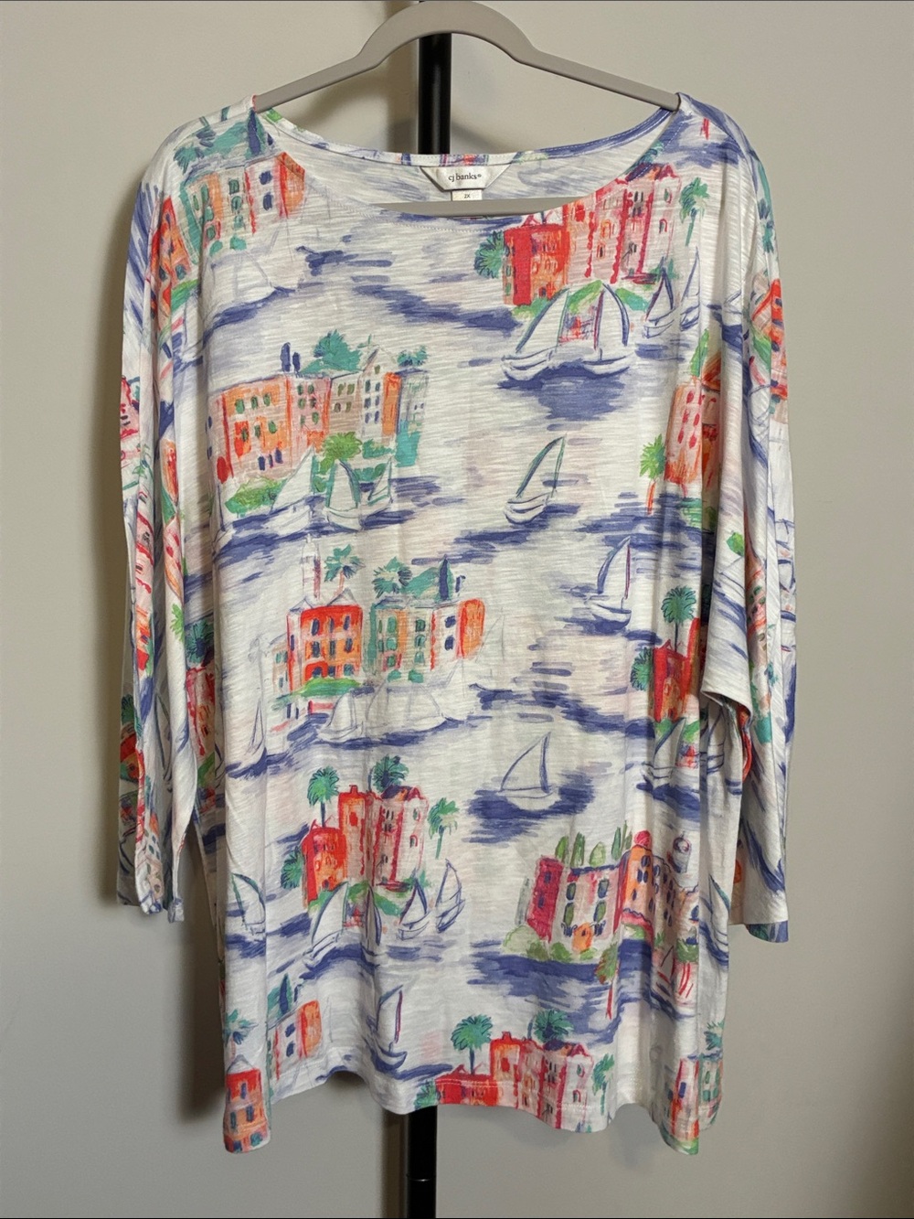 CJ Banks White Scenic Boat Tunic Multicolor Coastal Motif Cotton Modal Size 2X